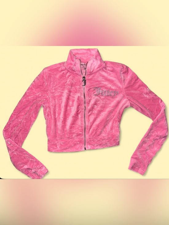 Juicy Couture Tops - Juicy Couture Pink Velour Rhinestone Zip Up Cropped Jacket - Size XS